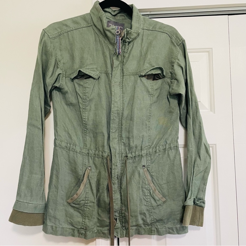 Michael Stars Military Anorak Green Linen Jacket‎ Zipper Tie Waist Size Small